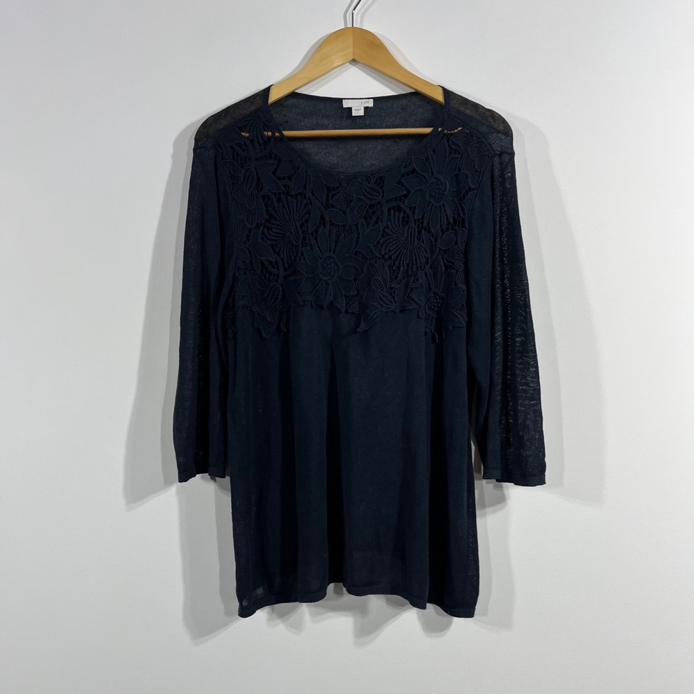 J. Jill Coastal Lagenlook Linen Blend Lace Applique 3/4 Sleeve Top Womens Large
